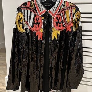 Nasty Gal Collection Black Sequin Jacket with Red & Yellow Embroidered